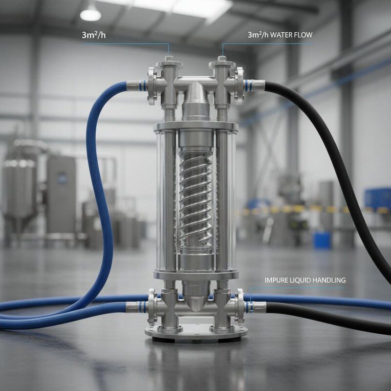 520mm 高さ 同軸熱交換器、水流量 3m³/h、不純物含有液体対応、各種産業向け