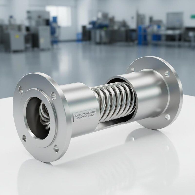 スパイラルツイスト構造と幅 140 mm で優れた熱伝達を実現するフランジ付き HVAC 同軸熱交換器