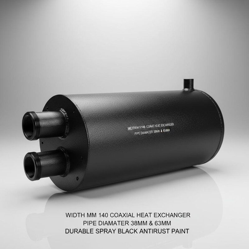 幅 140mm 同軸熱交換器、パイプ径 38mm および 63mm、耐久性のあるスプレー黒色防錆塗装保護